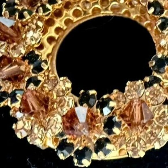 Vintage 1950s Circle Brooch Smoky Brown Jet Rhinestones Goldtone Mid Century Pin - Picture 5 of 12